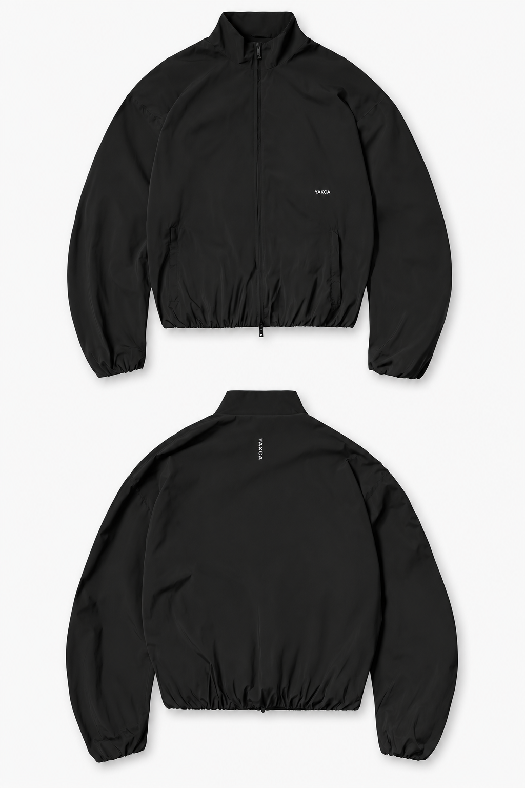 YAKCA FIGHTWEAR Windbreaker in black with a concealed zip, relaxed dropped shoulders, rounded sleeves and small white front and back logos