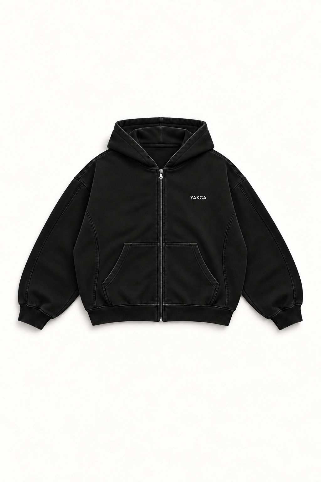 YAKCA CORE Zip Hoodie front view on a seamless portrait background
