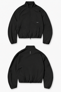 YAKCA FIGHTWEAR Windbreaker in black with a concealed zip, relaxed dropped shoulders, rounded sleeves and small white front and back logos