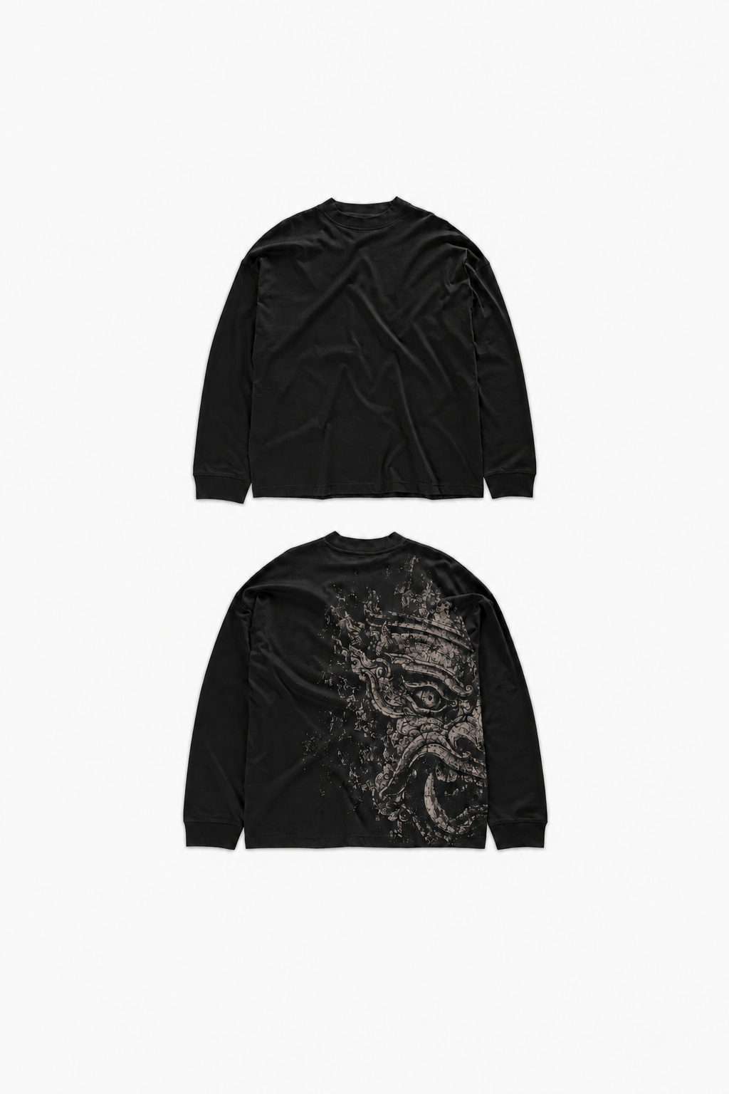 YAKCA FIGHTWEAR black cotton Longsleeve with a plain front and the original distressed Thai-inspired mask print on the back, front and back views in 2:3 portrait format