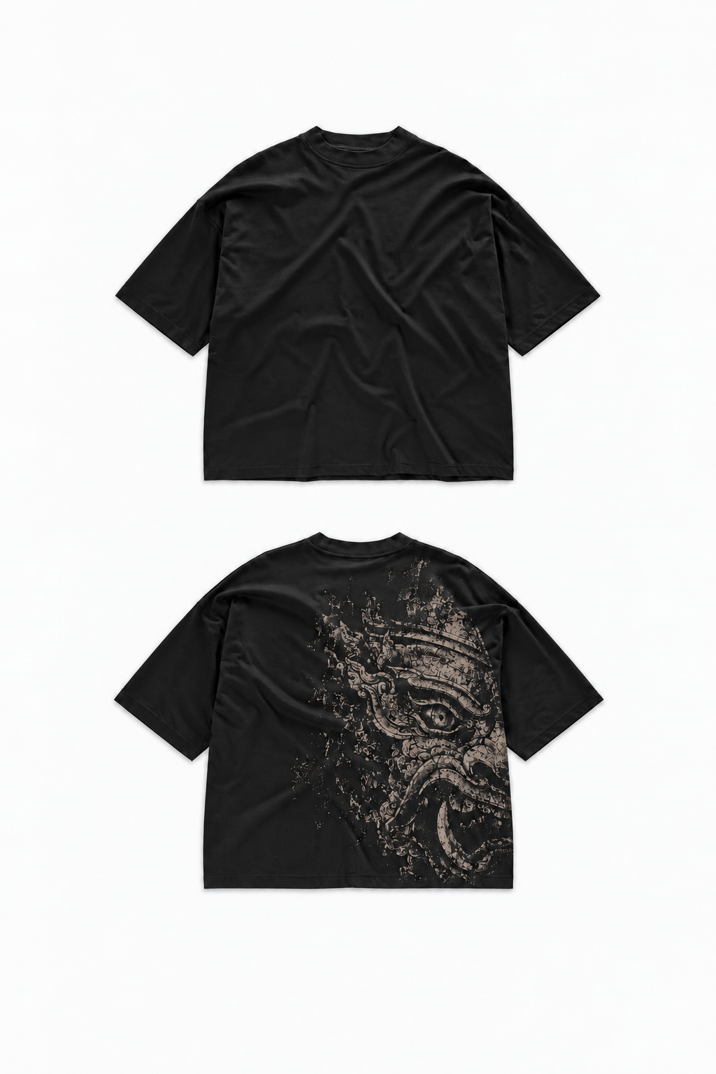 YAKCA FIGHTWEAR black cotton Oversized Tee with a plain front and the original distressed Thai-inspired mask print on the back, front and back views in 2:3 portrait format