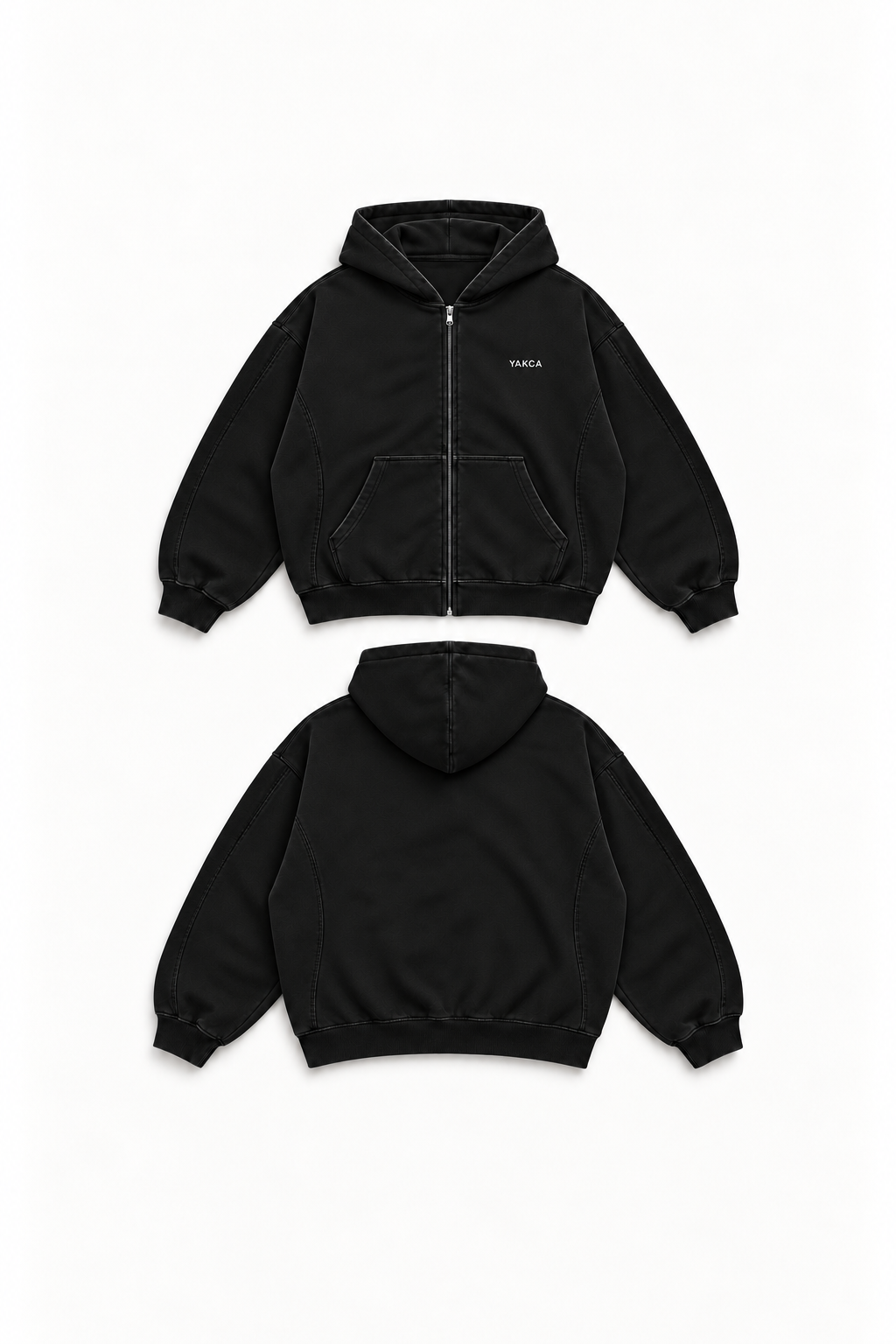 YAKCA CORE black zip hoodie with curved side and sleeve panels and a small ivory chest logo, front and back views